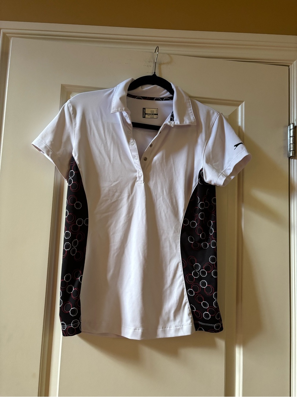 Slazenger White Polo with Black Side Panels and Circular Print